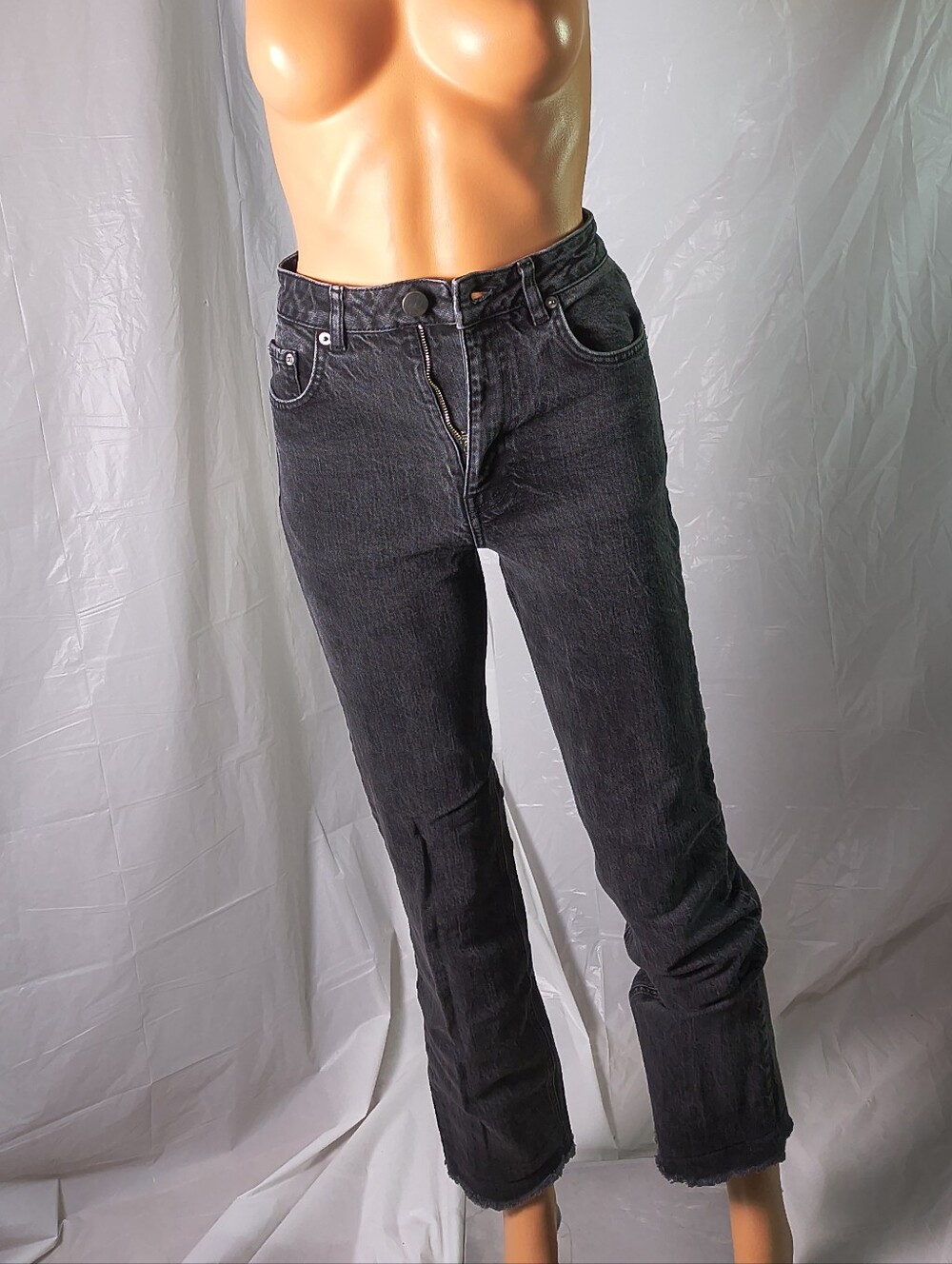 ASOS Denim Washed Black Straight Leg Jeans 25/36 Long Raw Hem Charcoal